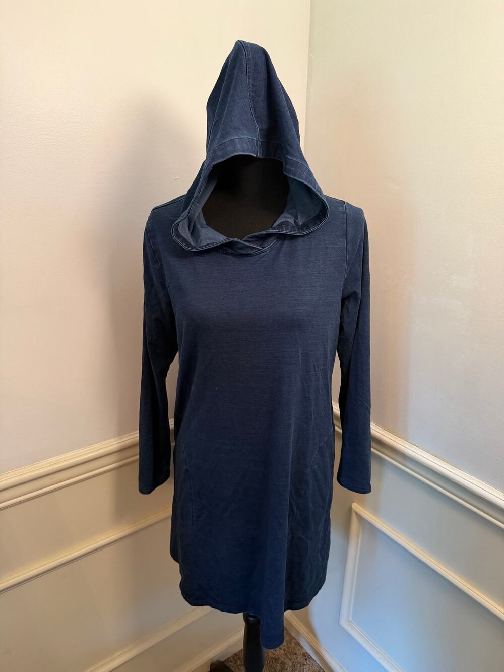 J. Jill Pure Jill Indigo Knit Hooded Tunic Dress Blue Lyocell Blend Pockets